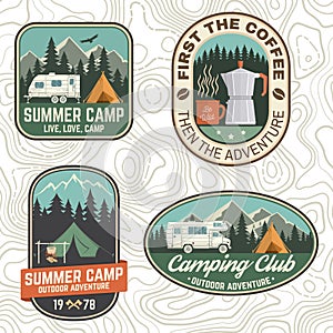 Set of Camping and caravanning club badges. Vector. Concept for logo, print, stamp, patch or tee. Vintage typography