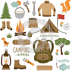 Set of camping equipment icon set