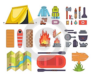 Set of camping equipment icons in cartoon style. Camping supplies and tools in cartoon style. Hiking expedition bag, map
