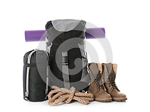 Set of camping equipment with sleeping bag