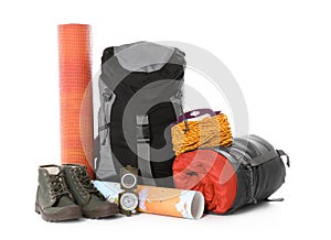 Set of camping equipment with sleeping bag