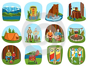 Set of camping equipment symbols and icons summer outdoor vacation vector illustration.