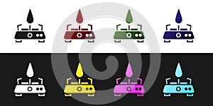 Set Camping gas stove icon isolated on black and white background. Portable gas burner. Hiking, camping equipment