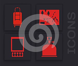 Set Camping gas stove, Suitcase, Folded map with location and Open matchbox and matches icon. Vector