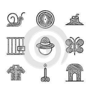 Set Camping hat, Arrow, African hut, Butterfly, Shirt, Animal cage, Tree stump and Snail icon. Vector