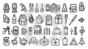 The set of camping and hiking doodle icons includes a map of the route, a spade and compass, a trailer, rucksack or tent