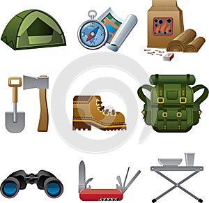 Set of camping and hiking objects. Set of camping equipment and accessories icons isolated on white background.