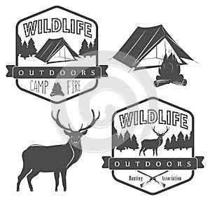 Set of camping and hunting label, wildlife and outdoors adventure