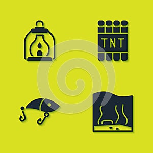 Set Camping lantern, Aquarium, Fishing lure and Detonate dynamite bomb stick icon. Vector