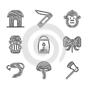 Set Camping lantern, Mushroom, Wooden axe, Elephant, Snake, Mexican mayan or aztec mask, Monkey and African hut icon