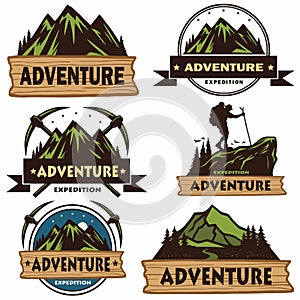 Set of Camping Logos, Templates, Vector Design Elements, Outdoor Adventure Mountains and Forest Expeditions. Vintage Emblems and B photo