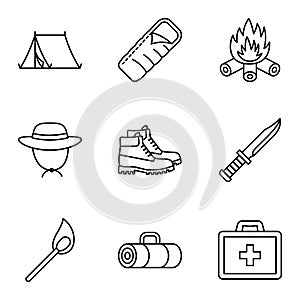 Set of camping object icons. Adventure. Extreme sports, outdoor recreation, adventure in the mountains, vacation