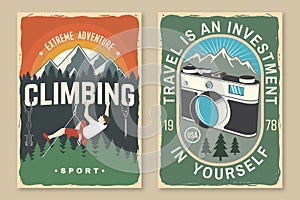 Set of camping poster, banner with travel inspirational quotes. Vector. Vintage typography design with retro photo