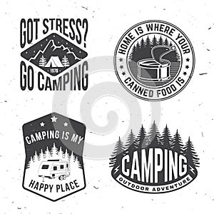 Set of camping related typographic quote for sticker, badges, patches . Vector illustration. Concept for shirt or logo