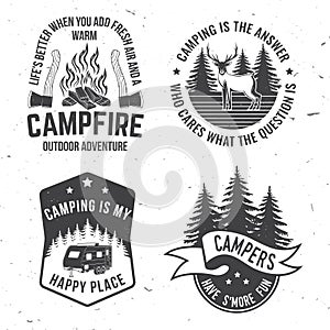 Set of camping related typographic quote for sticker, badges, patches . Vector illustration. Concept for shirt or logo
