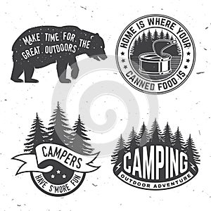 Set of camping related typographic quote for sticker, badges, patches . Vector illustration. Vintage typography design