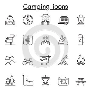 Set of Camping Related Vector Line Icons. Contains such Icons as tent, hiking, forest, car, campfire, mountain, traveler, compass