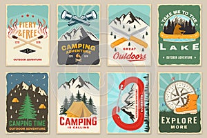 Set of camping retro posters. Outdoor adventure vector badge design. Vintage typography design with knives, camping