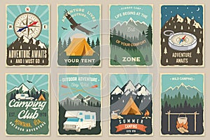 Set of camping retro posters. Vector illustration. Vintage typography design with motor home, camping tent, mountain