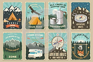 Set of camping retro posters. Vector illustration. Vintage typography design with motor home, camping tent, mountain