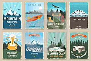 Set of camping retro posters. Vector. Outdoor adventure. Vintage typography design with backpack, motor home, camping