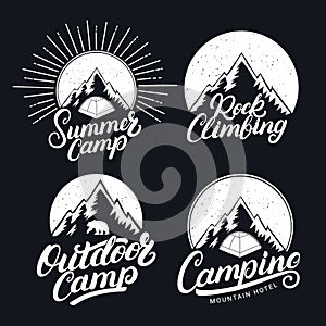 Set of Camping, Summer Camp, Outdoor and Rock Climbing vintage logos, emblems, labels, badges.