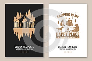 Set of camping template. Vector. Flyer, brochure, banner, poster design with campfire, bear, dog, girl, man with guitar