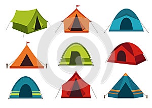 Set of camping tent vector icons on white background.