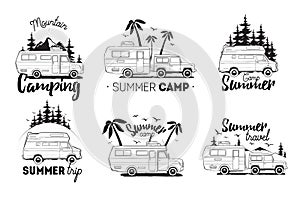 Set of camping trailer logo. camper vans against landscape background with lettering mountain, summer camp, trip. Black