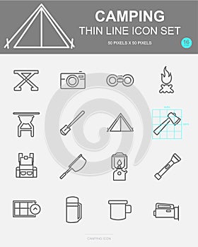 Set of Camping Vector Line Icons. Includes camp, bag, compass, fire and more