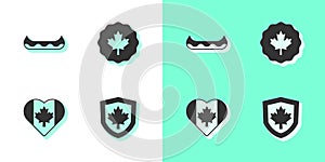 Set Canada flag on shield, Kayak, Heart shaped and Canadian maple leaf icon. Vector