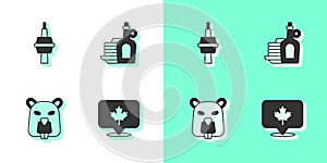 Set Canadian maple leaf, TV CN Tower in Toronto, Beaver animal and Syrup with pancakes icon. Vector