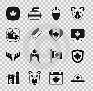 Set Canadian ranger hat, Canada flag on shield, maple leaf, Acorn, Hockey puck, and Heart shaped icon. Vector