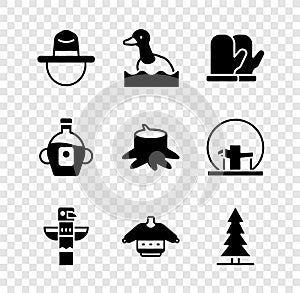 Set Canadian ranger hat, Flying duck, Christmas mitten, totem pole, sweater, spruce, Maple syrup and Tree stump icon