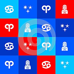 Set Cancer zodiac, Falling star, Aries and Astrology woman icon. Vector