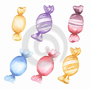 Set of candies in multicolor wrappers illustration. Elements are painted in watercolors