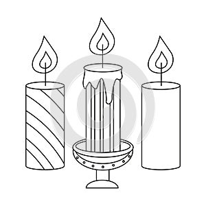 A set of candles, a candlestick. Line art. Vector illustration