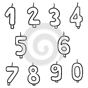 Set of candles in shape of numbers isolated on white background. Simple doodle vector illusatration in cartoon outline style.