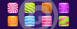 Set of candy app icons, game ui square buttons