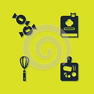 Set Candy, Cutting board, Kitchen whisk and Cookbook icon. Vector