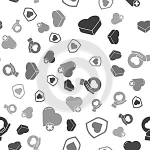 Set Candy in heart shaped box, Heart with shield, Heart on hand and Heart on seamless pattern. Vector