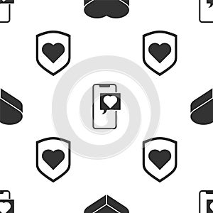 Set Candy in heart shaped box, Smartphone with heart speech bubble and Heart with shield on seamless pattern. Vector