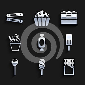 Set Candy, Ice cream, Chocolate bar, Lollipop, in bowl, Cake and Sugar stick packets icon. Vector