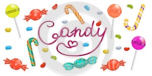 Set of candy isolated on a white background. Vector illustration in cartoon style. A variety of candy and lollipops, Christmas