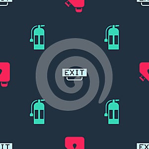 Set Canister fuel, Fire exit and extinguisher on seamless pattern. Vector