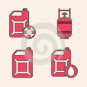 Set Canister for motor machine oil, Antifreeze canister, Propane gas tank and Canister for gasoline icon. Vector