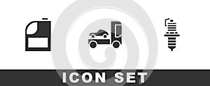 Set Canister for motor machine oil, Car transporter truck and spark plug icon. Vector