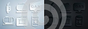 Set Canister for motor oil, Location and gas station, Oil tank storage, Barrel, and Gasoline pump nozzle icon. Vector