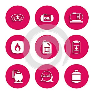Set Canister for motor oil, Location and gas station, Propane tank, Barrel, Oil storage, Fire flame, and Motor gauge