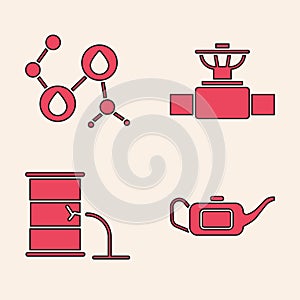 Set Canister for motor oil, Molecule oil, Industry pipe and valve and Barrel oil leak icon. Vector
